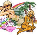  2025 barefoot entropicbias fish fullres glasses_added kid_symbol multiple_personas ocean rainbow roxy_lalonde solo summer swimsuit trees 