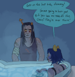  2014 au bathing bathtub bloodswap equius_zahhak fullres meowrails nepeta_leijon no_glasses no_hat poidkea starter_outfit sweat text word_balloon 