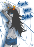  2014 artificial_limb back_angle body_modification fullres illegal_vriska jaggy_lines lunaticjin no_shirt nudity solo text the_finger undergarments vriska_serket web 