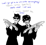  ... 2011 crossover fullres glasses_added glassesswap grayscale highlight_color john_egbert karkat_vantas men_in_black monochrome sizliz suit text weapon 