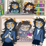  2025 aradia_megido book crossover dudoserswag flag fullres ongezellig phone school_uniform sitting sweat terezi_pyrope trees vriska_serket 