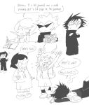 2025 ? alpha_kids book caliborn caliborn&#039;s_self-insert callie_ohpeee calliope dirk_strider fullres grayscale grlgogames illustrating jaggy_lines jake_english jane_crocker monochrome roxy_lalonde school_uniform sweat text word_balloon