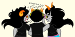  2023 2spooky aradia_megido arm_in_arm back_angle feferi_peixes fullres headphones hemocircle jaggy_lines meraki-sunset multishipping music_note queen_bee redrom shipping sollux_captor starter_outfit text 