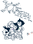 2016 beta_kids blood dave_strider dead decapitation dirk_strider fullres grayscale highlight_color jade_harley john_egbert rose_lalonde starter_outfit sun text the_truth weenie-kun