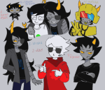  2026 arm_around_shoulder arms_crossed art_dump artificial_limb con_heir dancestors dave_strider eyepatch finger_guns fullres godtier jaggy_lines john_egbert karkat_vantas knight mituna_captor redrom shipping starter_outfit temmiesttemm text time_aspect vriska_serket 