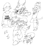 2025 ? callie_ohpeee calliope casual dancing fake_horns fashion fullres glasses_added grayscale grlgogames jaggy_lines lineart monochrome music_note solo starter_outfit text