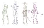 .hack 2011 crossover equius_zahhak fashion feferi_peixes fullres hat kerii-tan lance lineart monochrome nepeta_leijon no_hat tavros_nitram trident weapon