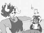 2019 alternate_hair bubblybluejellyfish casual chixie_roixmr couch fullres grayscale hiveswap marvus_xoloto monochrome music_note no_hat sitting starter_outfit sweat