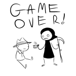  ! 2017 beverage cover_art death fullres grayscale jaggy_lines lineart monochrome problem_sleuth problem_sleuth_(adventure) scythe sitting text yazshu 