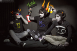  2012 amiaka cosplay fullres gamzee_makara honk karkat_vantas pugoffka-sama real_life rubber_horn saibou_kun sitting sollux_captor starter_outfit sylladex text utsumitanaka 