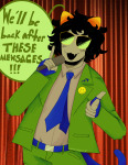 2025 blush fanontinuum finger_guns freckles fullres glasses_added harpoonsnotspoons homestuck:_beyond_canon microphone nepeta's_fanontinuum_suit nepeta_leijon no_hat solo text word_balloon zodiac_symbol