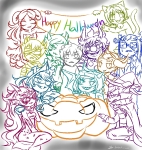 2013 alternians aradia_megido arm_around_shoulder artificial_limb equius_zahhak eridan_ampora eyepatch fashion feferi_peixes fullres gamzee_makara halloweenstuck hat jaggy_lines kanaya_maryam karkat_vantas kneeling lineart lunaticjin merfolk midair monochrome nepeta_leijon no_glasses no_hat pumpkin sitting sollux_captor sweat tavros_nitram terezi_pyrope text vriska_serket