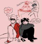  2026 alternate_hair casual dave_strider fullres headphones jaggy_lines karkat_vantas microphone psyhcic red_knight_district redrom shipping sitting smiling_karkat starter_outfit text thought_balloon turntables 