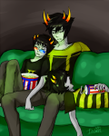  2013 ancestors bee_outfit beverage captors casual couch dancestors food fullres head_on_lap lying mituna_captor no_hat q-dormir sitting sleeping sollux_captor starter_outfit the_psiioniic 