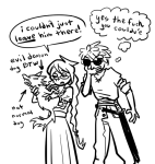  2025 alternate_hair au dave_strider fanfic_art fiendy fullres grayscale jack_noir jade_harley lineart mythologystuck text word_balloon 