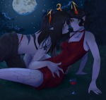 2024 alcohol artificial_limb body_modification clouds fashion fullres grubscars kanaya_maryam moon near_kiss night redrom shipping sitting spidermoth spiders stars undergarments vriska_serket vriskell