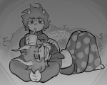  2025 barefoot beverage blush calicorpi0 fullres gamzee_makara grayscale horn_pile karkat_vantas lying palerom rubber_horn shipping sitting starter_outfit text troll_lab tropicshipping word_balloon 