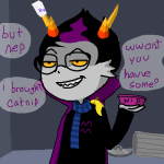 2011 animated babinani beverage blackrom catfish eridan_ampora food fullres jaggy_lines milk shipping smiling_eridan solo starter_outfit suggestive_eyebrows text word_balloon