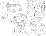 2025 beverage dancestors feferi_peixes fullres grayscale jaggy_lines liliumaa lineart meenah_peixes monochrome peixeses sketch starter_outfit thought_balloon
