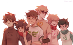  2013 alpha_kids arm_around_shoulder aspect_symbol body_modification dirk_strider fashion fullres heart_aspect hope_aspect hug ikimaru jake_english jane_crocker karkat_vantas life_aspect no_glasses roxy's_striped_scarf roxy_lalonde seeing_terezi smiling_karkat starter_outfit terezi_pyrope void_aspect 