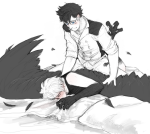  2012 au bed blush broken_source dave_strider fashion formal grayscale highlight_color john_egbert kelaruj kneeling lying monochrome no_glasses on_stomach runawaystuck shipping sitting 