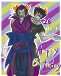 2014 bondage eridan_ampora fullres happy_birthday_message jaggy_lines lunaticjin sollux_captor starter_outfit sweat text