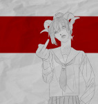  2025 damara_megido dancestors dream_ghost fullres grayscale highlight_color monochrome numegl sailor_fuku sketch smoking solo the_finger 