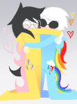  2026 blush dave_strider fullres heart hug jade_harley jaggy_lines kigurumi kneeling my_little_pony rainbow redrom shipping spacetime temmiesttemm 