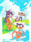  2024 beta_kids clouds dave_strider fenkko frogs fullres jade_harley john_egbert mauve_squiddle_shirt red_baseball_tee rose_lalonde sitting starter_outfit 