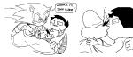 2024 comic crossover grayscale jaggy_lines john_egbert kiss radicaldude42 redrom shipping sonic_the_hedgehog starter_outfit text this_is_stupid word_balloon wut 