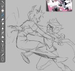  2026 art_program_in_frame back_angle blood crossover eridan_ampora fullres grayscale i_hate_fairyland invincible kanaya_maryam midair mistigri0000 monochrome no_cape profile sketch starter_outfit strife text wip word_balloon 