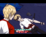  animestuck blood bro dave_strider dead high_angle impalement land_of_wind_and_shade mattxmourning red_baseball_tee text unbreakable_katana 