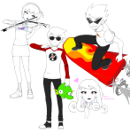  2026 alternate_hair art_dump dave_strider decapitation dirk_strider fullres headshot heart instrument r_ch07 red_baseball_tee rocket_board rose_lalonde roxy_lalonde smuppets starter_outfit strilondes text violin 