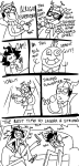  2011 arms_crossed calamityjane comic crossover eridan_ampora fullres gamzee_makara grayscale hat jaggy_lines lineart microphone monochrome no_glasses sitting smiling_eridan sollux_captor spongebob_squarepants text vriska_serket 
