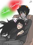  2014 blush dogtier fullres godtier heart hug jade_harley jaggy_lines karkat_vantas kats_and_dogs lunaticjin redrom shipping sitting space_aspect starter_outfit text witch 