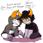  2017 animals dagmars fake_horns fullres hiveswap joey_claire kneeling sitting starter_outfit text word_balloon xefros_tritoh 