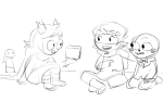 2016 arm_around_shoulder blush calliope dogtier fullres grayscale jade_harley kneeling light_aspect paperseverywhere perfectly_generic_object rogue rorb_lalorb rose_lalonde roxy_lalonde seer sitting sketch space_aspect starter_outfit void_aspect witch