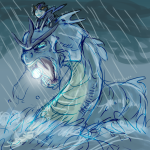  2011 animals carrying crossover eridan_ampora fullres kneeling night nintendo no_cape nowaybro ocean pok&eacute;mon rain sitting starter_outfit 