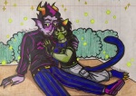  2025 alexabraixen blackrom catfish eridan_ampora facial_hair fireflies fullres hug nepeta_leijon no_hat redrom shipping sitting stars starter_outfit 
