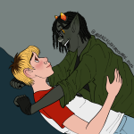  2026 alternate_hair blush coolcat dave_strider freckles fullres glasses_added lying morallygraymothman nepeta_leijon no_glasses no_hat profile red_baseball_tee redrom shipping starter_outfit 