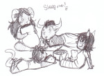  aradia_megido bromance cavalreapurr dragonfly food grayscale host_plushie legal_ramifications lion_tamer nepeta_leijon no_glasses on_stomach pajamas scratch_and_sniff sitting sketch specialsari tavros_nitram team_charge terezi_pyrope 