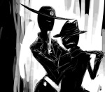  2013 blackrom bq broken_source eyepatch fullres grayscale holding_hands jack_noir motora-dog queen_of_spades request shipping sketch snowman spades_slick white_magnum 
