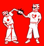 2026 aspect_symbol casual dave_strider davebot fistbump fullres headphones heart_aspect homestuck:_beyond_canon humanized lil_hal monochrome psyhcic robot time_aspect 