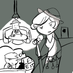  2017 cover_art fullres grayscale jaggy_lines lineart microphone mobster_kingpin monochrome nervous_broad problem_sleuth_(adventure) thought_balloon yazshu 