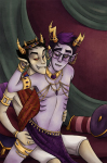 2012 au body_modification crossdressing eridan_ampora erisol fashion fullres gills grubscars jewelry no_glasses no_shirt reverse_hug robotwwizard shipping sitting sollux_captor zodiac_symbol