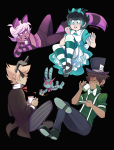  2017 alice_in_wonderland alpha_kids animal_ears beverage cosplay crossover dirk_strider fashion fullres hat ikimaru jake_english jane_crocker lil_sebastian midair roxy_lalonde 