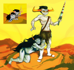  2025 barefoot fullres grubscars jousting_lance land_of_sand_and_zephyr melerbytes no_shirt shipping sprite_mode sweat tavriska tavros_nitram undergarments vriska_serket weapon wut 