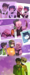  2015 alpha_kids arm_around_shoulder back_angle beverage blush body_modification dirk_strider fashion freckles fullres glassesswap hat ikimaru jake_english jane_crocker phone roxy's_heart_shades roxy_lalonde sitting sleeping starter_outfit 