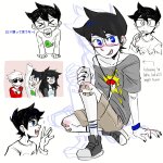  2025 art_dump blush broconwhore casual dave_strider fullres headphones jade_harley john_egbert language:japanese pok&eacute;mon red_baseball_tee sitting sketch stars starter_outfit text vocaloid 