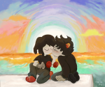 2025 artificial_limb basofy blush clouds fanfic_art fullres karkat_goes_to_a_convention karkat_vantas kiss kneeling native_source no_glasses ocean profile redrom request shipping stacey_(karkat_goes_to_a_convention) starter_outfit text